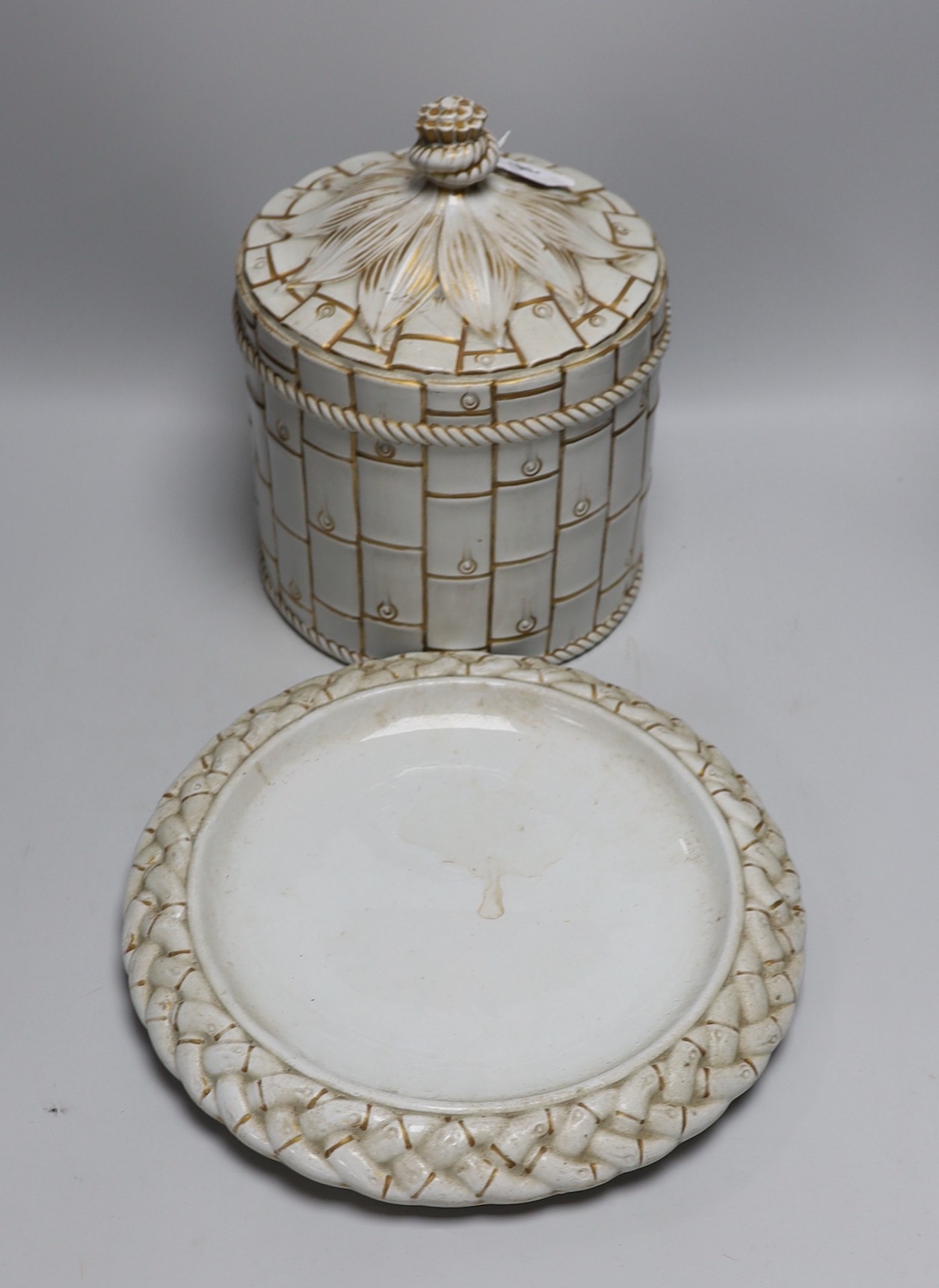 A Victorian pottery faux bamboo cheese dome on stand, 30cm
